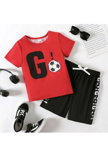 2pcs Kid Boy Letter Soccer Print Short-sleeve Tee and Colorblock Shorts Set