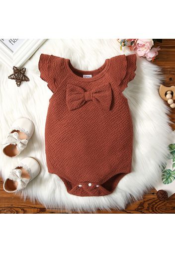 Baby Girl Solid Textured Layered Cap Sleeve Bowknot Romper