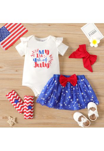 Independence Day 4pcs Baby Girl Ruffle Short-sleeve Letter Print Romper and Glitter Stars Mesh Skirt with Headband Calf Sleeves Set