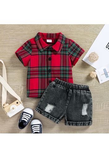 100% Cotton 2pcs Baby Boy Red Plaid Short-sleeve Shirt and Ripped Denim Shorts Set