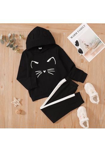 2-piece Kid Girl Animal Cat Print Hoodie Sweatshirt and Colorblock Pants Set