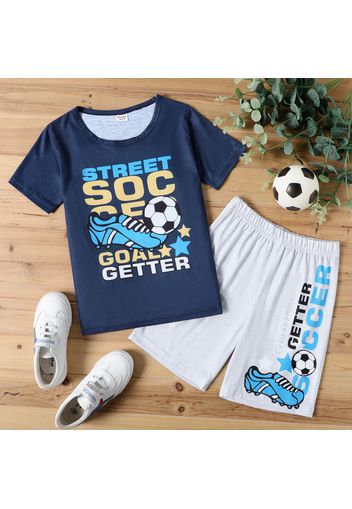 2-piece Kid Boy Letter Soccer Print Top and Elasticized Shorts Sporty Set