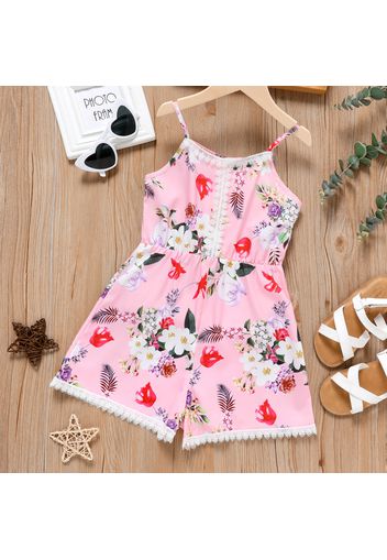 Kid Girl Floral Print Lace Design Cami Romper