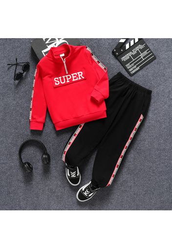 2pcs Kid Boy Letter Print Zipper Design Red Sweatshirt and Elasticized Pants Set