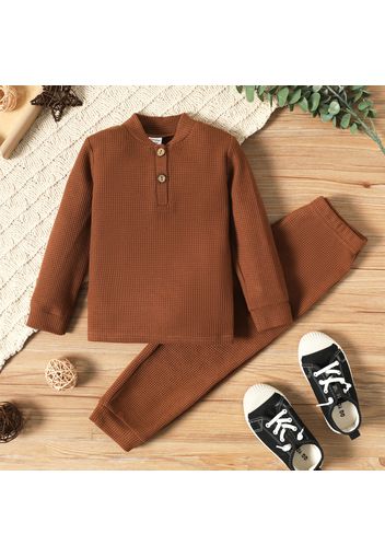 2-piece Toddler Boy Button Design Solid Color Waffle Long-sleeve Top and Elasticized Pants Set