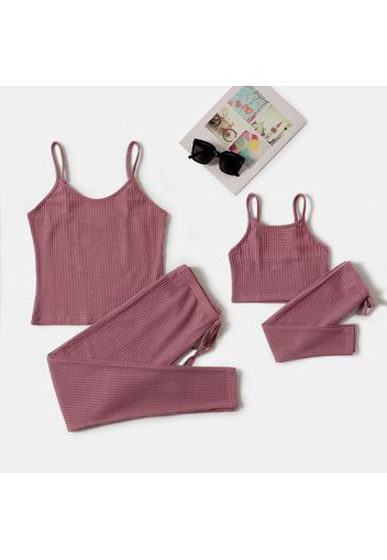 Mommy and Me Solid Waffle Textured Cami Tops and Leggings Sets