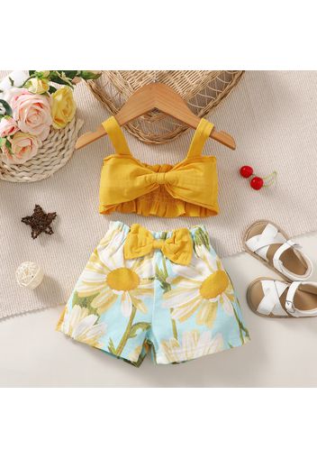 2pcs Baby Girl Sleeveless Bowknot Shirred Crop Top and Floral Print Denim Shorts Set