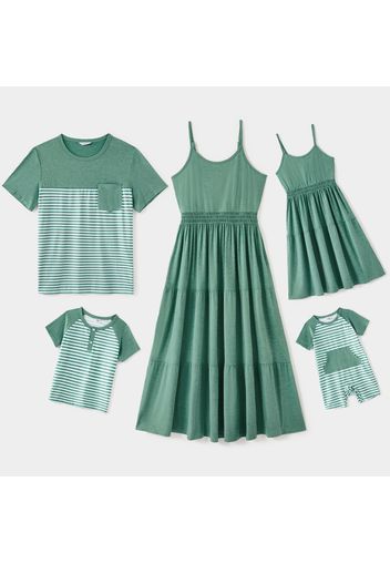 Family Matching Green Spaghetti Strap Tiered Dresses and Striped Splicing Short-sleeve T-shirts Sets