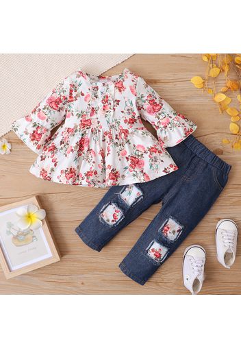 2pcs Baby Girl Floral Print Long Bell Sleeve Top and Ripped Denim Jeans Set