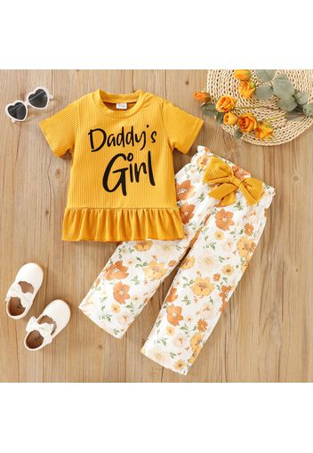 2-piece Toddler Girl Letter Print Ruffle Hem Ribbed Ginger Tee and Bowknot Design Floral Print Pants Set