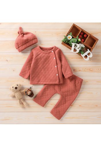 3-piece Baby Girl Button Design Solid Color Textured Long-sleeve Top, Elasticized Pants and Cap Set