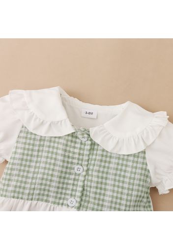 2pcs Baby Girl Cotton Ripped Denim Shorts and Plaid Splicing Peter Pan Collar Puff-sleeve Button Up Top Set