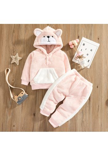 Baby 2pcs Cartoon Rabbit 3D Ear Pink Long-sleeve Fleece Hoodie and Trouser Set