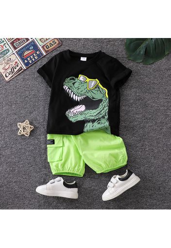 2pcs Toddler Boy Playful Dinosaur Print Tee & Cargo Shorts Set