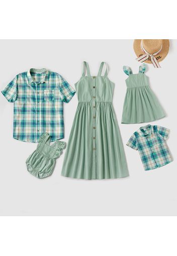 Mosaic Family Matching Green 100% Cotton Tank Dresses and Plaid Short Sleeve Shirts