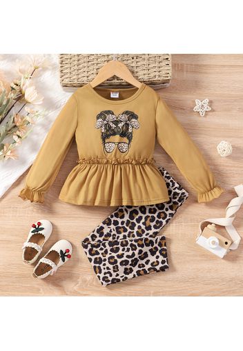 2pcs Toddler Girl Graphic Print Ruffled Long-sleeve Peplum Tee and Leopard Print Leggings Set