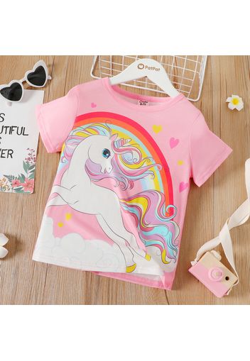 Kid Girl Unicorn Rainbow Print Short-sleeve Pink Tee