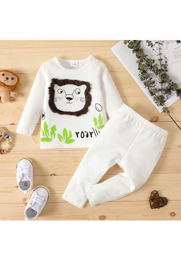 2pcs Baby Boy Cartoon Lion Print White Long-sleeve T-shirt and Trousers Set