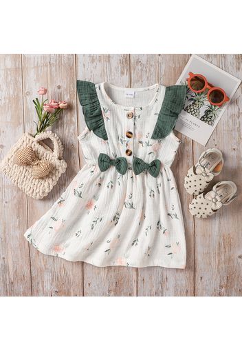 Toddler Girl 100% Cotton Floral Print Ruffled Bowknot Design Sleeveless Dress