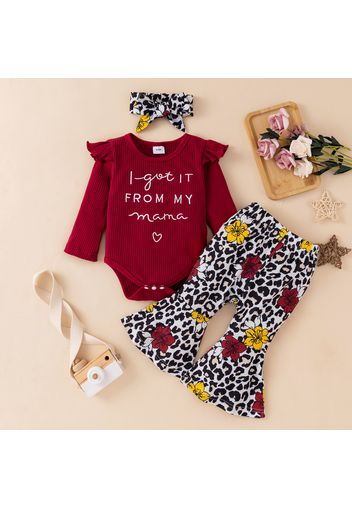 3pcs Baby Girl Letter Embroidered Solid Ribbed Long-sleeve Romper and Floral Leopard Bell Bottom Pants Set