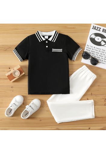 2pcs Kid Boy Striped Short-sleeve Polo Shirt and Elasticized Pants Set