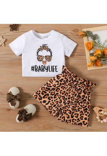 2pcs Baby Girl Figure & Letter Print Short-sleeve Crop Top and Leopard Shorts Set