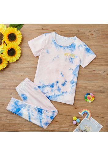 2pcs Kid Girl Tied Dyed Letter Print Short-sleeve Tee and Elasticized Leggings Set