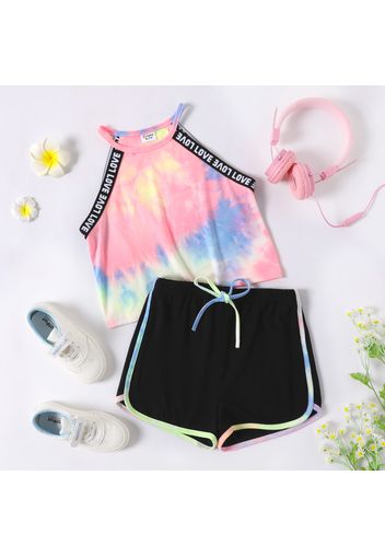 2-piece Kid Girl Letter Print Tie Dyed Halter Top and Bowknot Design Shorts Set