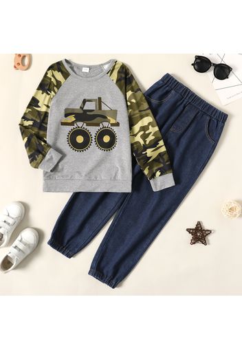 2-piece Kid Boy Camouflage Vehicle Print Raglan Sleeve Pullover Sweatshirt and Elasticized Denim Jeans Set