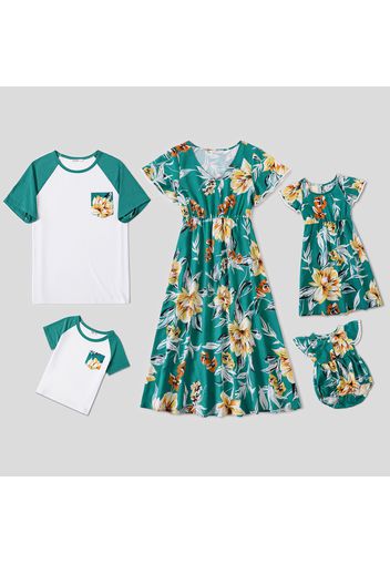 Family Matching All Over Floral Print Mint Green V Neck Ruffle Short-sleeve Dresses and Raglan-sleeve T-shirts Sets