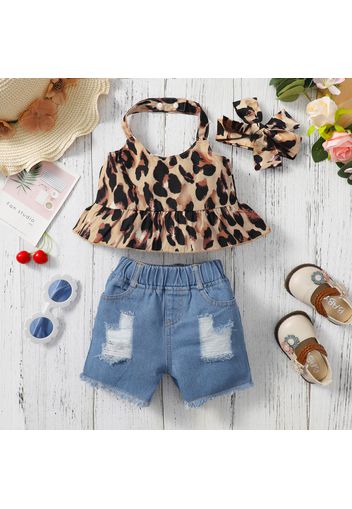 3pcs Baby Girl 95% Cotton Ripped Denim Shorts and Leopard Print Halter Neck Ruffle Hem Top with Headband Set