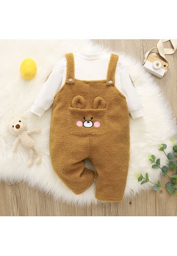 2-piece Baby Boy Bear Print White Sweatshirt Fuzzy Overalls Set