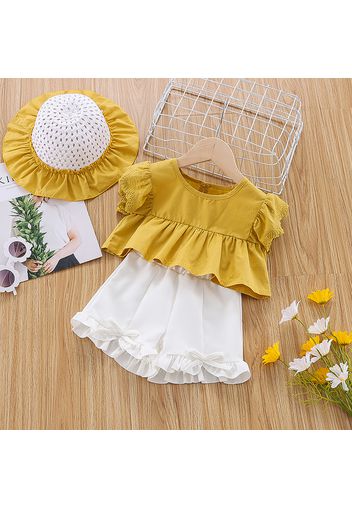 3pcs Baby Girl Solid Lace Ruffle-sleeve Crop Top and Shorts with Hat Set