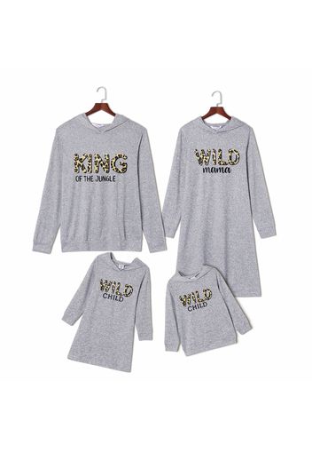 Leopard Letter Print Grey Family Matching Long-sleeve Hooded Sweatshirts Dresses Sets