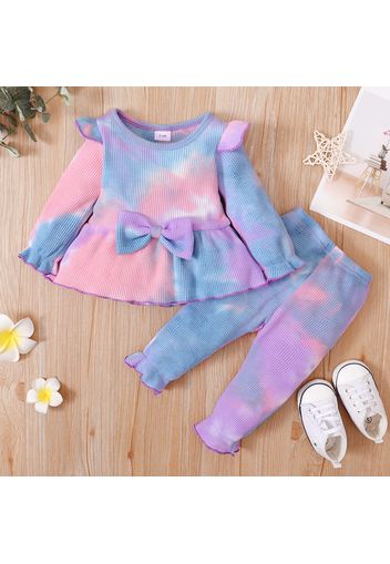 Baby 2pcs Tie Dye Waffle Long-sleeve Ruffle Bowknot Top and Trouser Set