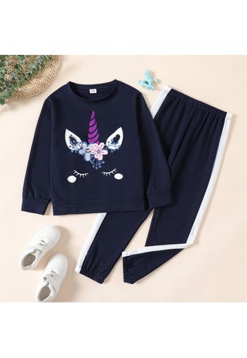 2-piece Kid Girl Unicorn Print Sweatshirt and Colorblock Pants Set