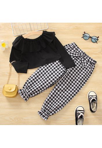 2pcs Toddler Girl Flounce Long-sleeve Black Tee and Bowknot Design Plaid Pants Set