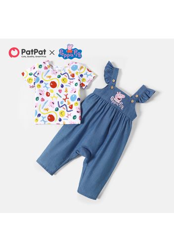 Peppa Pig 2pcs Baby Girl Allover Print Short-sleeve Tee and Imitation Denim Flutter-sleeve Overalls Set