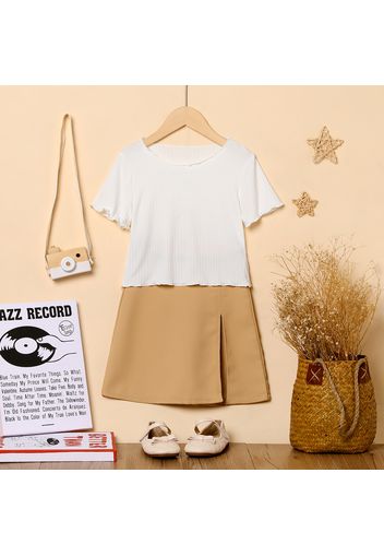 2-piece Kid Girl Lettuce Trim White Tee and Side Slit Skort Set