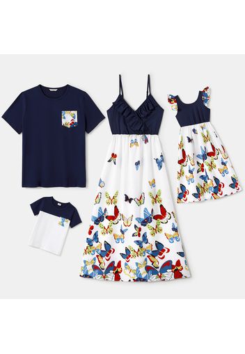 Family Matching Solid Ruffle Cross V Neck Splicing Butterfly Print Spaghetti Strap Dresses and Short-sleeve Cotton T-shirts Sets