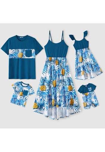 Family Matching Allover Tropical Plant Print & Solid Spliced Cami Dresses and Short-sleeve T-shirts Sets