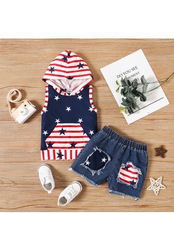 Independence Day 2pcs Baby Boy 100% Cotton Ripped Denim Shorts and Stars Striped Hooded Tank Top Set
