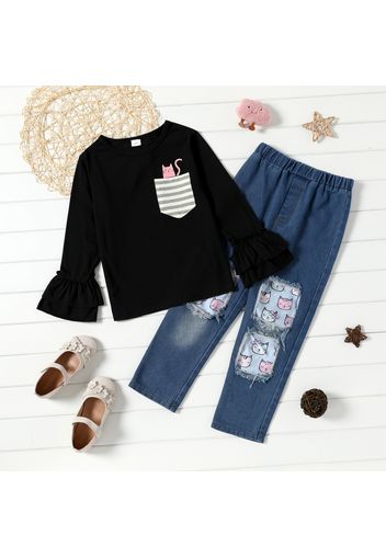 2-piece Kid Girl Cat Print Striped Pocket Layered Bell sleeves Black Top and Patchwork Ripped Denim Jeans Set