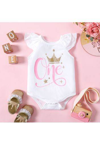 Baby Girl Glitter Crown and Letter Print Layered Flutter-sleeve Romper