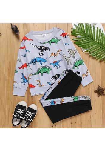 2-piece Kid Boy Animal Dinosaur Print Pullover Sweatshirt and Elasticized Pants Set