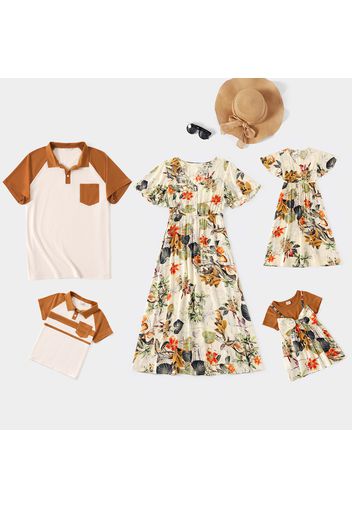 Family Matching 100% Cotton All Over Floral Print V Neck Ruffle-sleeve Dresses and Raglan-sleeve Polo Shirt Set