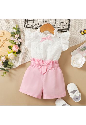 100% Cotton 2pcs Baby Girl Eyelet Embroidered Ruffle Trim Flutter-sleeve Top and Bow Front Shorts Set