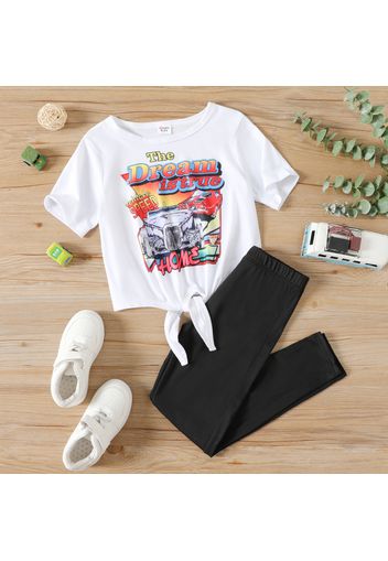 2-piece Kid Girl Letter Vehicle Print Tie Knot White Tee and Elasticized Black Leggings Set