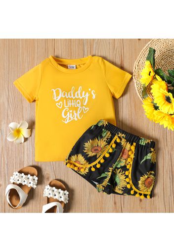 Father's Day 2-piece Toddler Girl Letter Print Tee and Floral Print Pompom Design Shorts Set