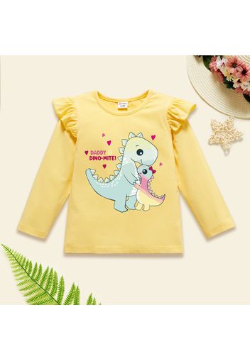 Toddler Girl Graphics Dinosaur and Heart-shaped and Letter Print Ruffle Long-sleeve Tee